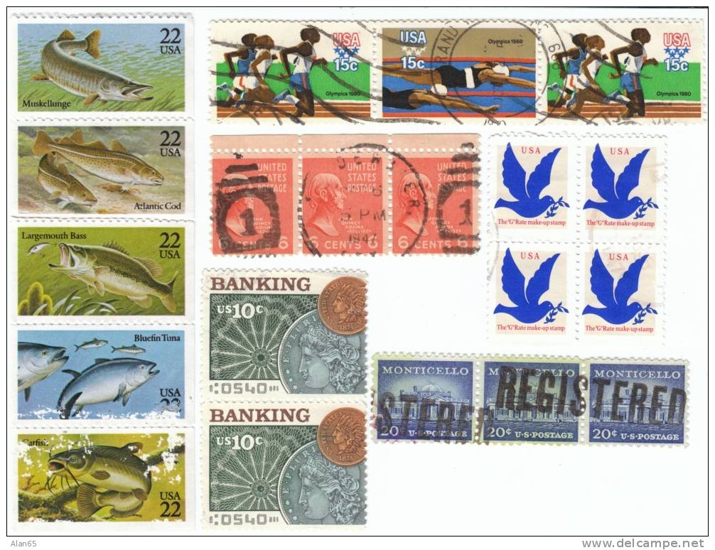 20 Various Stamps, Fishing Olympics 1938 Presidential Coins Numismatics US Stamps #2878, 1047, 811, 1577, 1791-2, 2205-9 - Collections