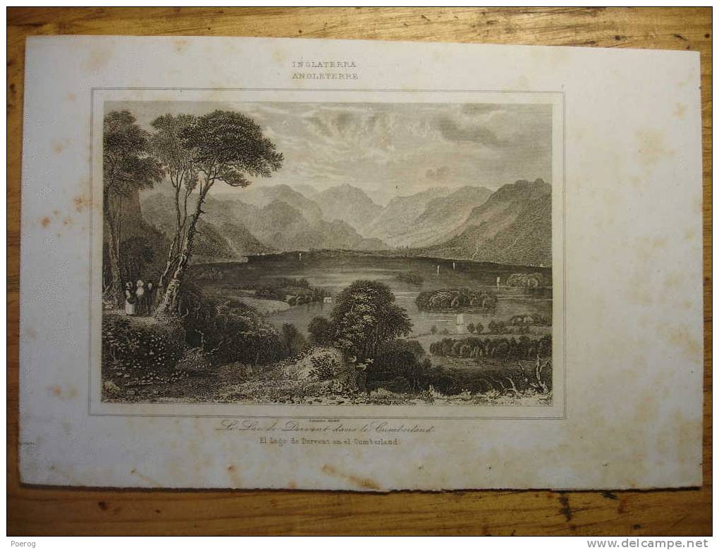 ANCIENNE GRAVURE De 1843 - ANGLETERRE LAC DE DERVENT DANS LE CUMBERLAND - ENGLAND - 1843 PRINT - INGLATERRA LAKE LAGO - Collections