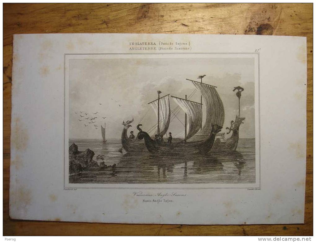 ANCIENNE GRAVURE De 1843 - ANGLETERRE VAISSEAUX ANGLO SAXONS - BATEAUX - SHIP BOAT BATEAU - ETCHING - ENGLAND 1843 PRINT - Collections