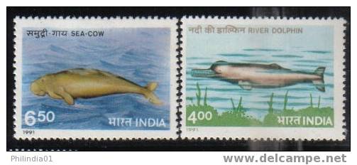 INDIA 1991 MARINE MAMMALS - RIVER DOLPHIN & SEA COW 2V COMPLETE SET MNH Inde Indien - Dolphins