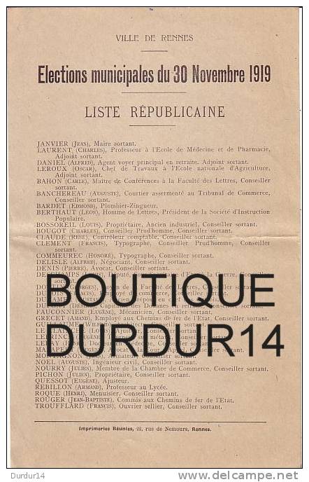 RENNES ( Ille Et Vilaine ). Élection Municipale Du 30 Novembre 1919... Liste... - Collections