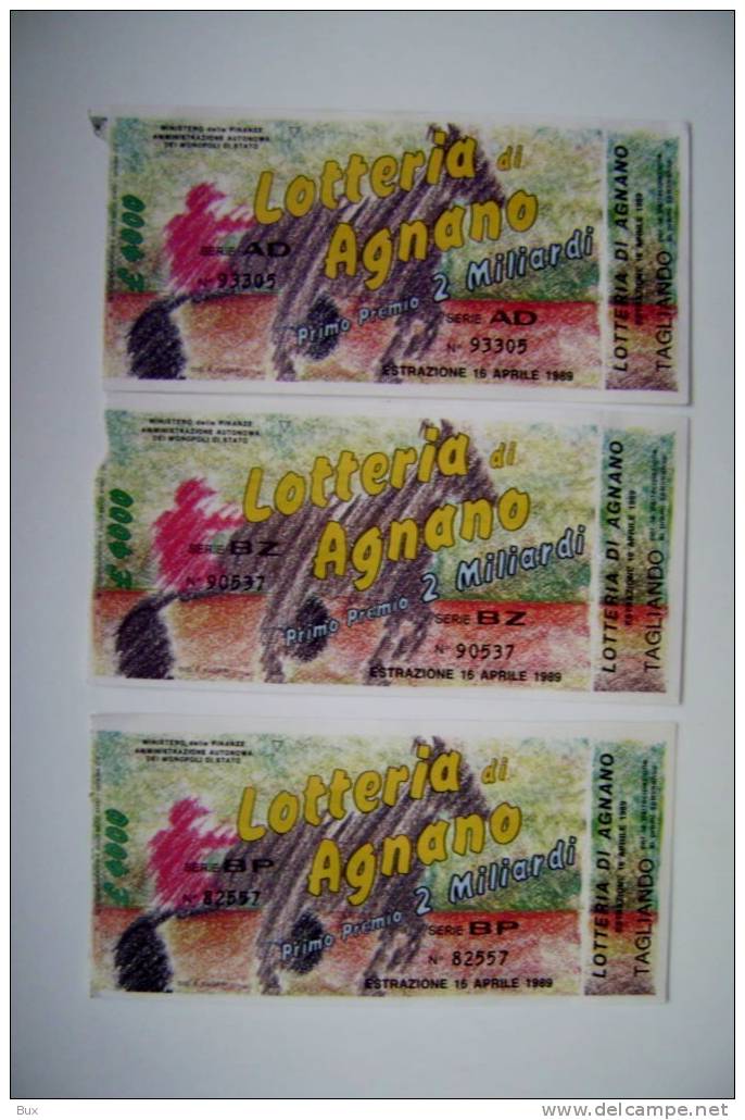 AGNANO 1989  TRE BIGLIETTI LOTTERIA  CONDIZIONI COME DA FOTO  DA FOTO  CART70 - Lottery Tickets