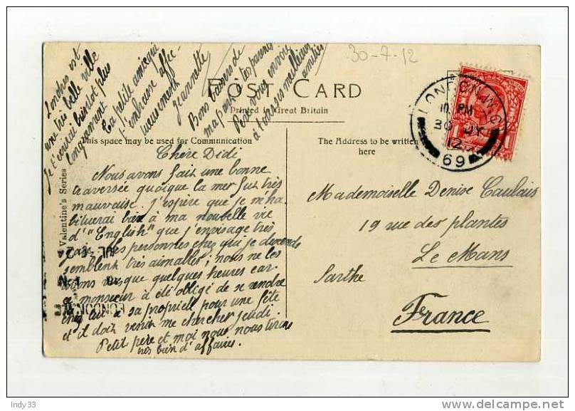- GRANDE BRETAGNE 1911/35 . AFFRANCHISSEMENT SIMPLE SUR CP DE 1912 POUR LA FRANCE - Covers & Documents