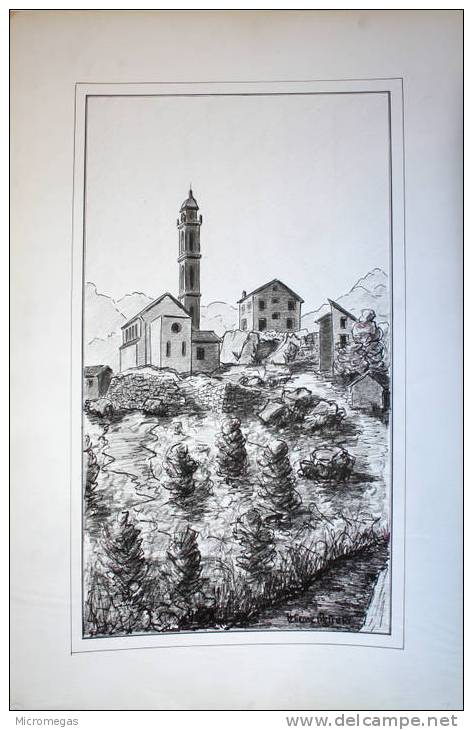 Etienne Petreto : Petreto (Corse) : Centre Du Bourg Vu Du Monument Fieschi - Dessins