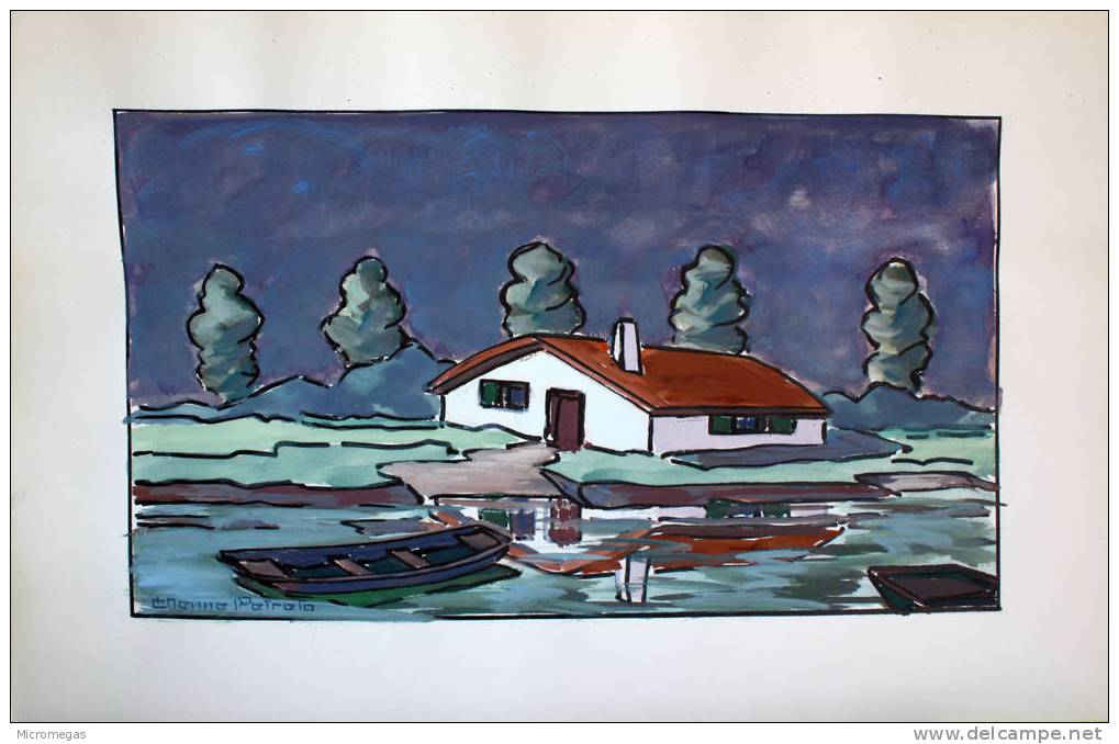 Etienne Petreto : Paysage Avec Barques - Gouaches