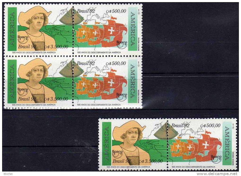 Entdeckung Amerika 1992 Brasilien 2466/7+ 4-Block ** 17€ Kolumbus Karavelle Santa Maria Nina Pinta Ship Sheet Bf BRAZIL - Blokken & Velletjes