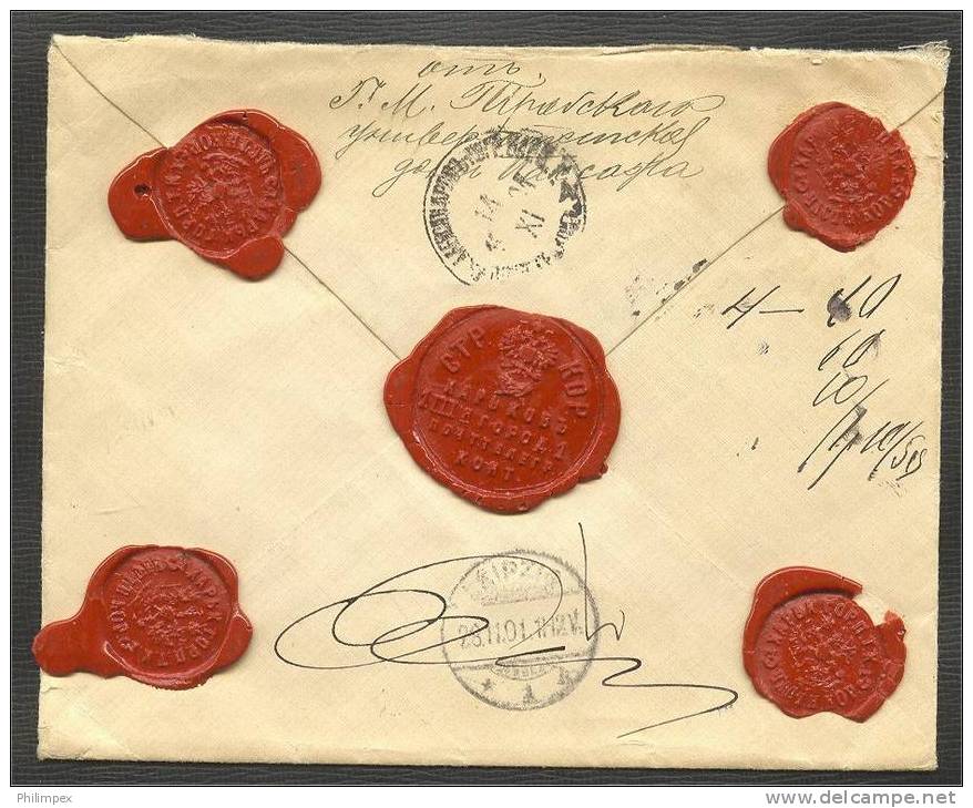 RUSSIA, INTERESTING REGISTERED COVER 1901, CHARKOV - LEIPZIG , 5 SEALS, NO STAMPS - Storia Postale