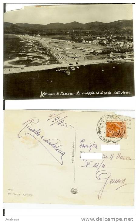 Marina Di Carrara (Massa-Carrara): La Spiaggia Ed Il Porto Dall´Aereo. Cartolina B/n Viaggiata 1955 - Carrara