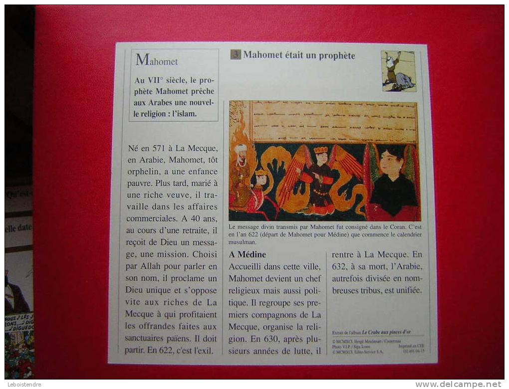 HERGE-FICHE TINTIN ATLAS -RELIGIONS ET LEGENDES N° 72-EXTRAIT DE L´ALBUM : LE CRABE AUX PINCES D'OR -PRIX FIXE - Autres & Non Classés