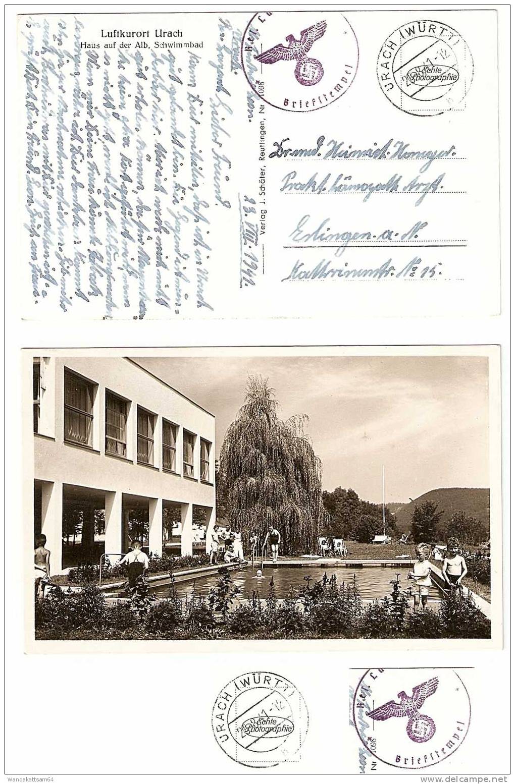 AK 1098 Luftkurort Urach Haus Auf Der Alb Schwimmbad 25.8.41-12 URACH (WÜRTT) B R. E. S. Lu Briefstempel Mit Adler Kreuz - Bad Urach