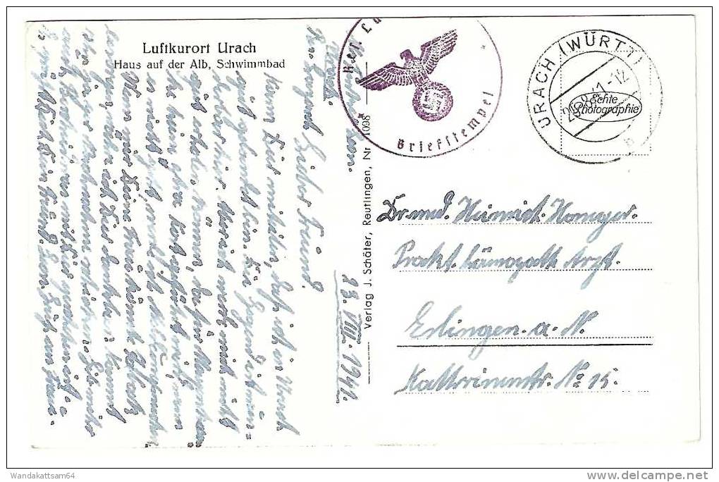 AK 1098 Luftkurort Urach Haus Auf Der Alb Schwimmbad 25.8.41-12 URACH (WÜRTT) B R. E. S. Lu Briefstempel Mit Adler Kreuz - Bad Urach