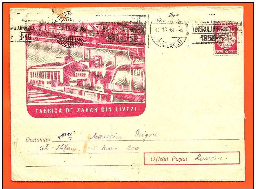 Romania Postal Stationery Cover 1958 Agriculture Sugar Factory - Agriculture