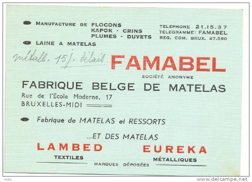 Carte De Visite - BRUXELLES - MIDI - Fabrique Blege De Matelas FAMABEL (k) - Cartes De Visite