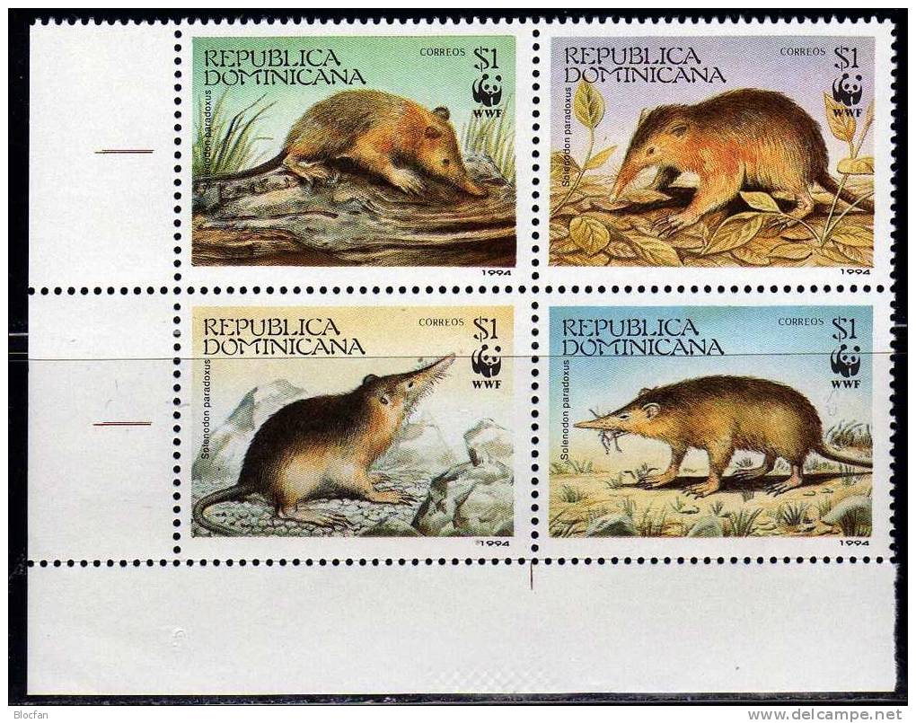 Haiti-Schlitzrüßler 1994cDominikana 1698/1 4-Block ** 4&euro; WWF Selten Nagetier Naturschutz M/s Fauna Se-tenant Bf Car - Dominikanische Rep.