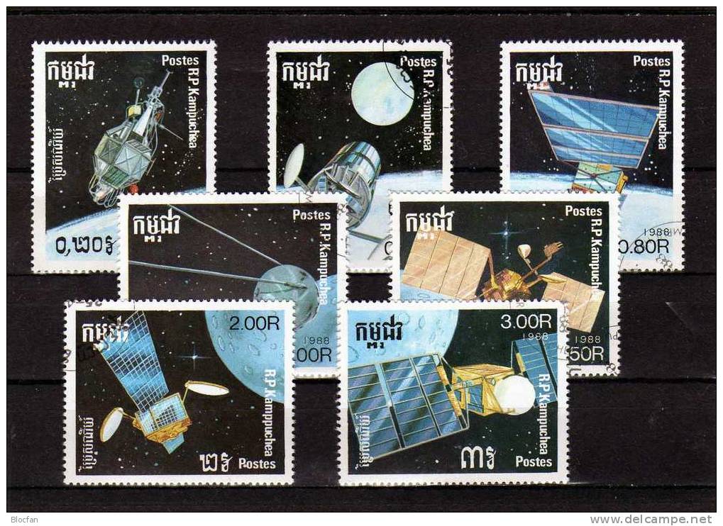 Entwicklung Raumfahrt 1988 Kamputchea 946/3+Block 160 O 4&euro; Sonde Satellit Sputnik Mond Hojas M/s Space Sheet Bf Cam - Kampuchea
