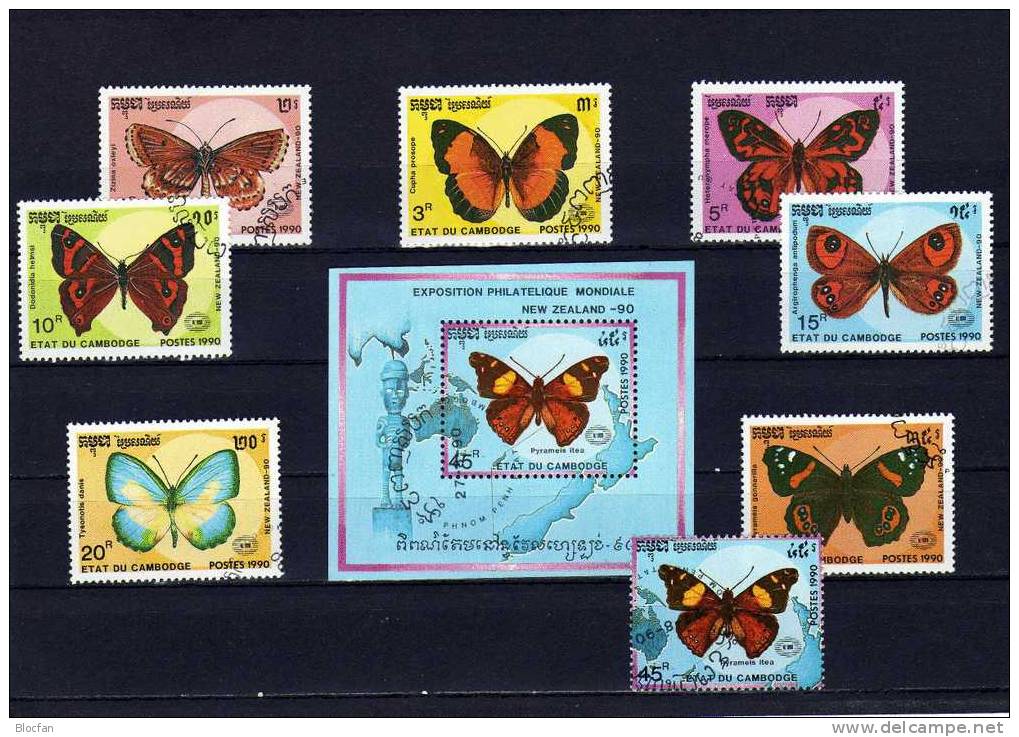 NEW ZEALAND 1990 Schmetterlinge Kambodscha 1142/9+Block 176 O 5&euro; Papillon Zizina Hb Bloc M/s Butterfly Sheet Bf Cam - Kampuchea