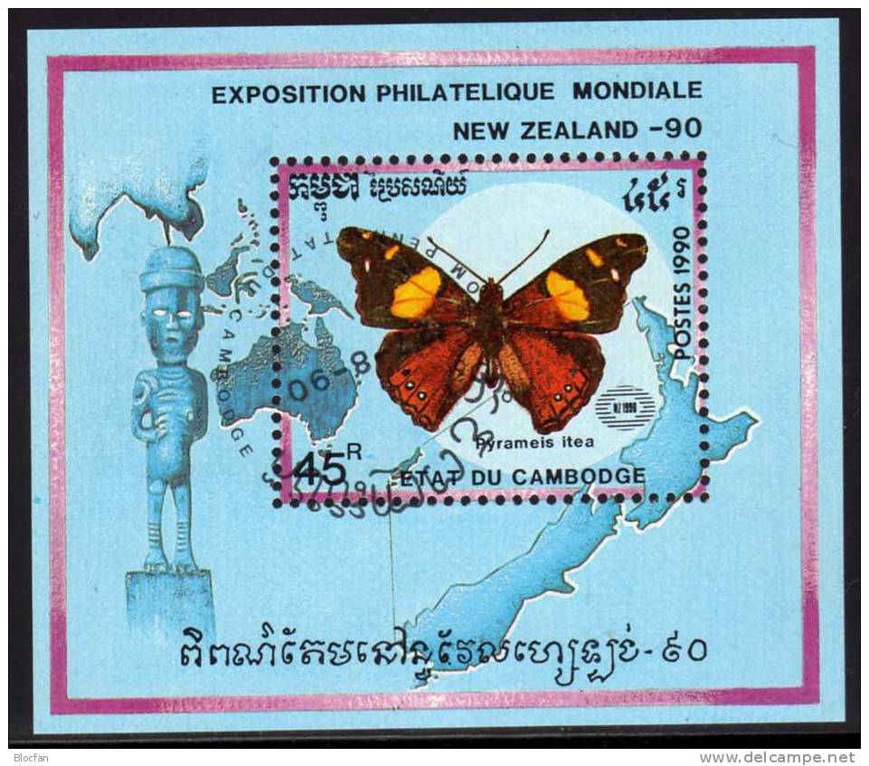 NEW ZEALAND 1990 Schmetterlinge Kambodscha 1142/9+Block 176 O 5&euro; Papillon Zizina Hb Bloc M/s Butterfly Sheet Bf Cam - Kampuchea