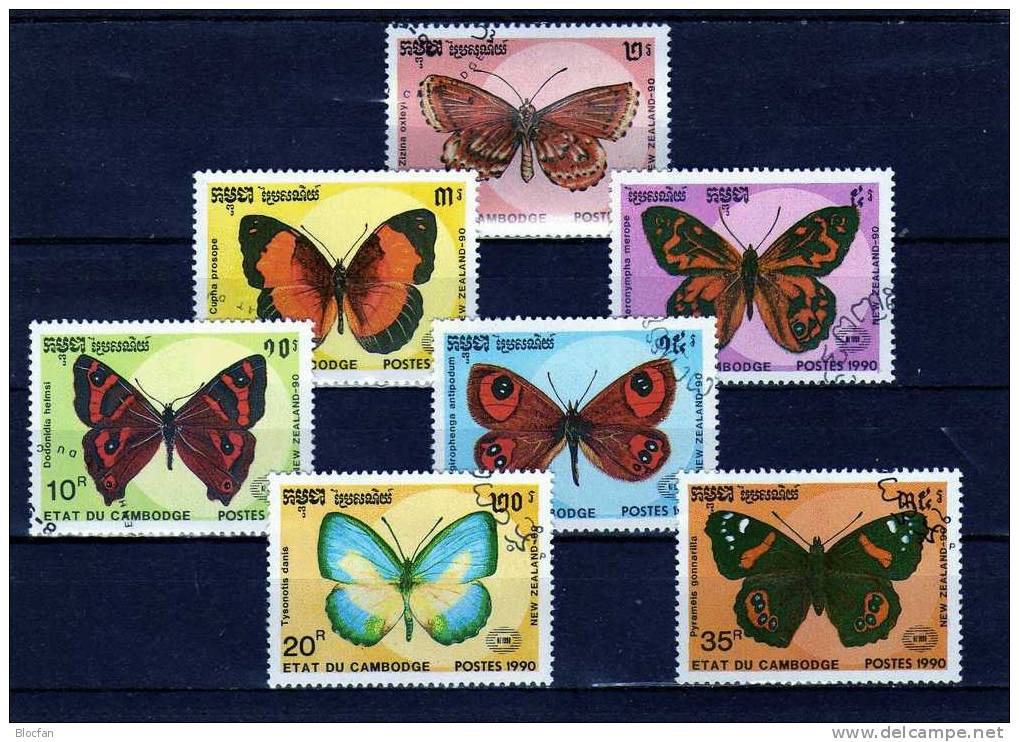 NEW ZEALAND 1990 Schmetterlinge Kambodscha 1142/9+Block 176 O 5&euro; Papillon Zizina Hb Bloc M/s Butterfly Sheet Bf Cam - Kampuchea