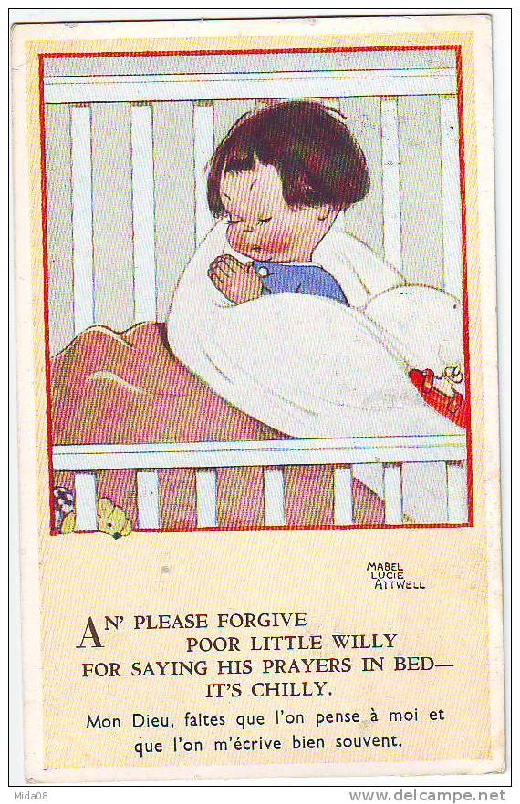 MABEL LUCIE ATTWELL.  AN' PLEASE FORGIVE POOR LITTLE WILLY FOR SAYING HIS PRAYERS IN BED....! VALENTINE'S3863. - Attwell, M. L.