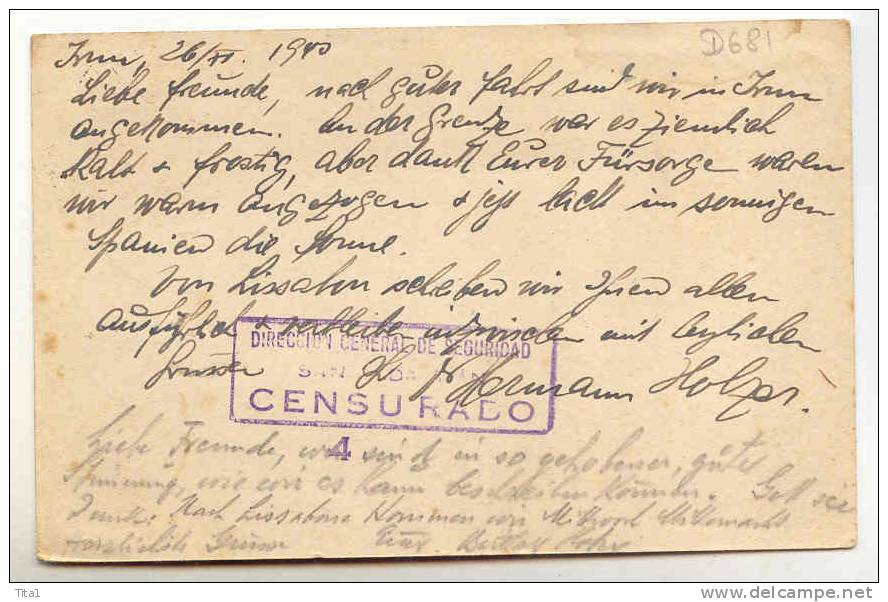 D681 - Entier Postal San Sebastian "cachet De Censure" Cachet Militaire Allemand, Croix Gammée - 1931-....