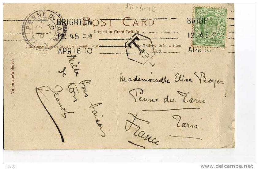 - GRANDE BRETAGNE . AFFRANCHISSEMENT SIMPLE TAXE  SUR CP DE 1910  POUR LA  FRANCE - Postage Due
