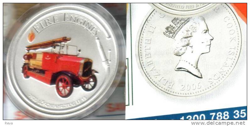 COOK  ISLANDS $1 FIRE ENGINES LOSCHFAHRZEUG 1923 FRONT COLOURED QEII  BACK 2006 PROOFLIKE READ DESCRIPTION CAREFULLY !!! - Isole Cook