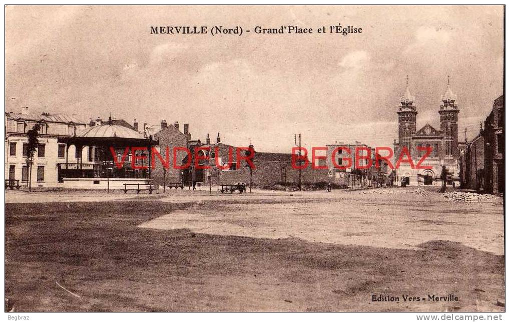 MERVILLE     GRAND PLACE ET L EGLISE - Merville