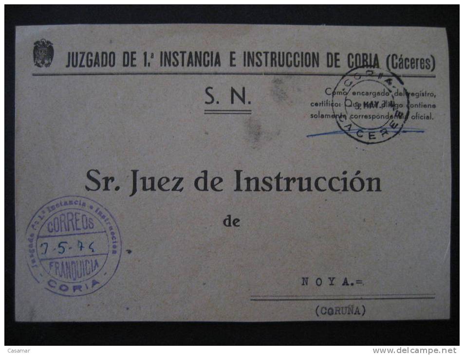 CORIA 1974 A Noya La Coruña Galicia Juzgado 1ª Instancia Franquicia Sobre Frontal Front Cover CACERES EXTREMADURA - Postage Free