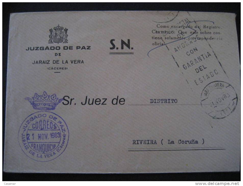 JARAIZ DE LA VEGA 1983 A Ribeira La Coruña Galicia Juzgado De Paz Franquicia Sobre Cover CACERES EXTREMADURA - Vrijstelling Van Portkosten