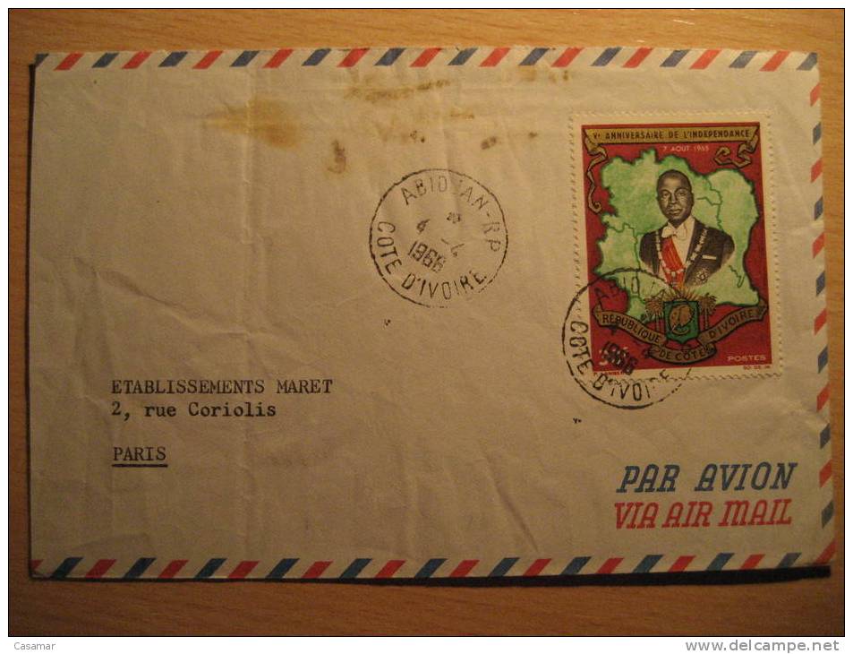 Republique De COTE D'IVOIRE 1966 Abidjan To Paris Elefante Elephant Par Avion Air Mail Sobre Cover Lettre FRANCE - Lettres & Documents