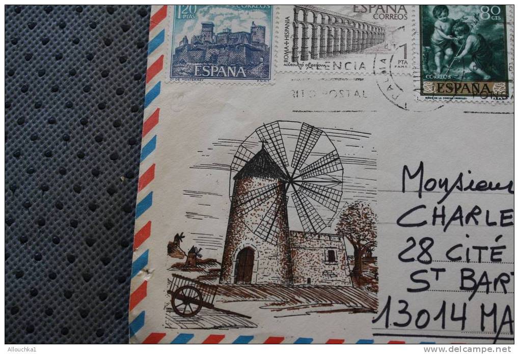 MARCOPHILIA LETTRE LETTER:ESPANA ESPAGNE DE VALENCIA BY AIR MAIL PAR AVION P/ MARSEILLE MOLINO Y SINIA MOULIN- WINDMILL - Lettres & Documents