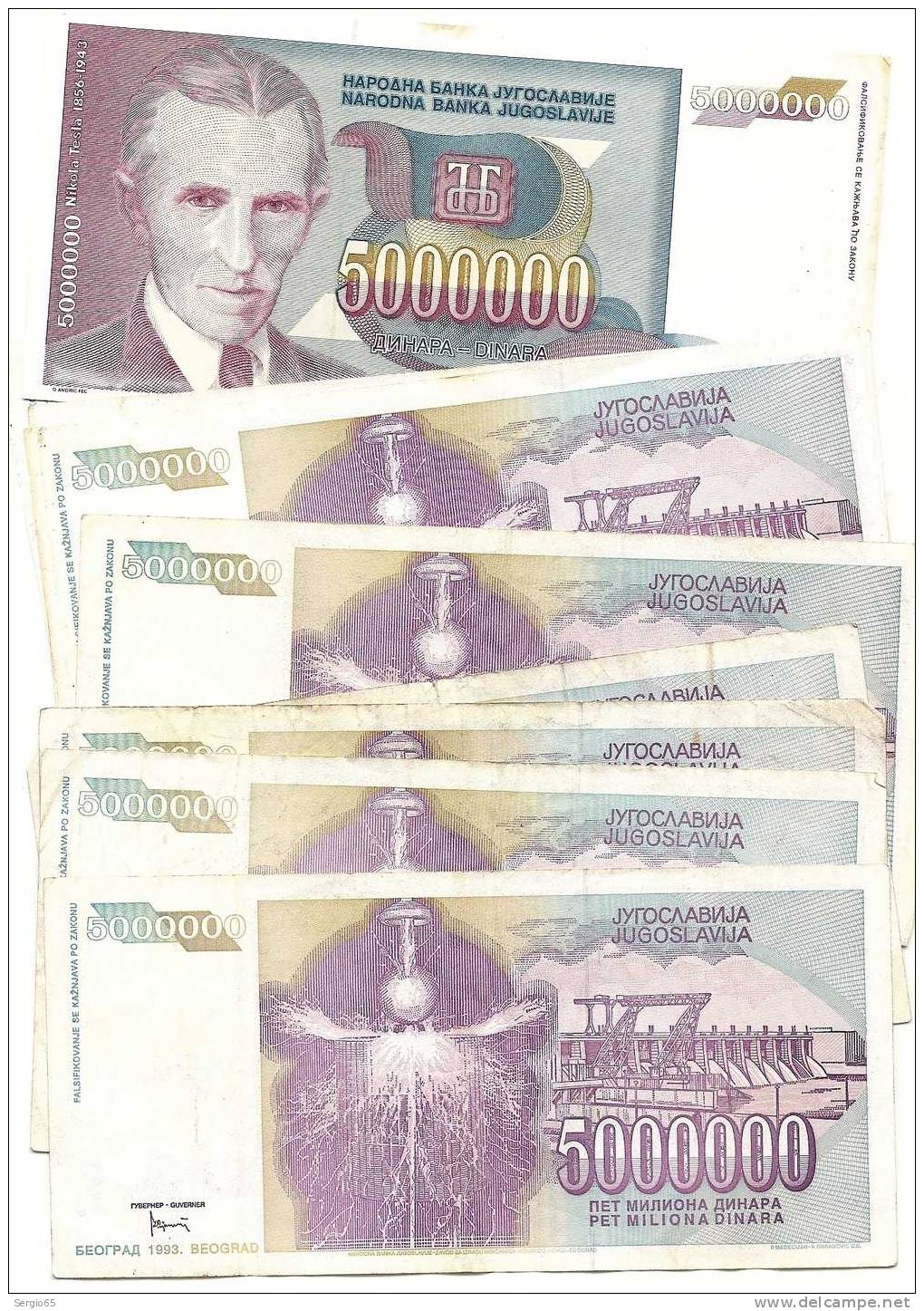 Inflation In 1993.-10 Notes -5 000 000 Din. - Yougoslavie