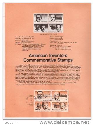 American Inventors - First Day Souvenier Page - 1981-1990