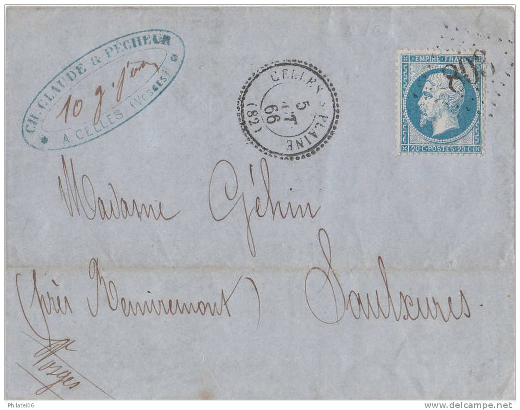 LETTRE AVEC GC 803 CELLES-SUR-PLAINE (82)  INDICE 15  RARE  CACHET D'ARRIVEE - 1849-1876: Période Classique