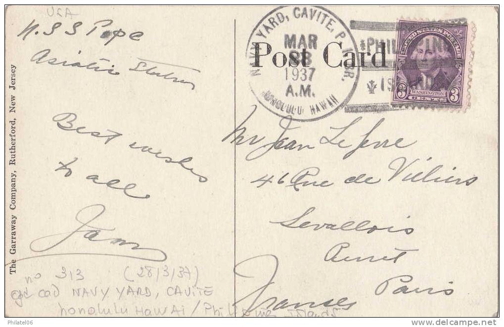 POSTE NAVALE AMERICAINE  CARTE DES PHILIPPINES AVEC CACHET DE LA NAVY (HONOLULU, ILES HAWAI) 1937 - Filipinas