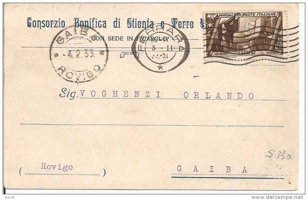 CONSORZIO BONIFICA DI STIENTA  E TERRE VECCHIE - SEDE FICAROLO - CARTOLINA VIAGGIATA  1933 - TIMBRO POSTE FERRARA  E GAI - Rovigo