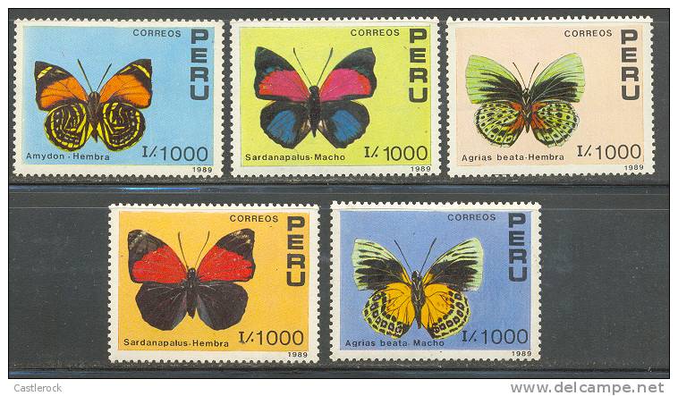 N)1990,PERU, SCN 978-982,BUTERFLIES, 1000 I EACH STAMP,AMYDON, AGRIAS BEATA,FEMALE,SARDANA PALUS, MALE,SEE INFO+DESC. - Peru