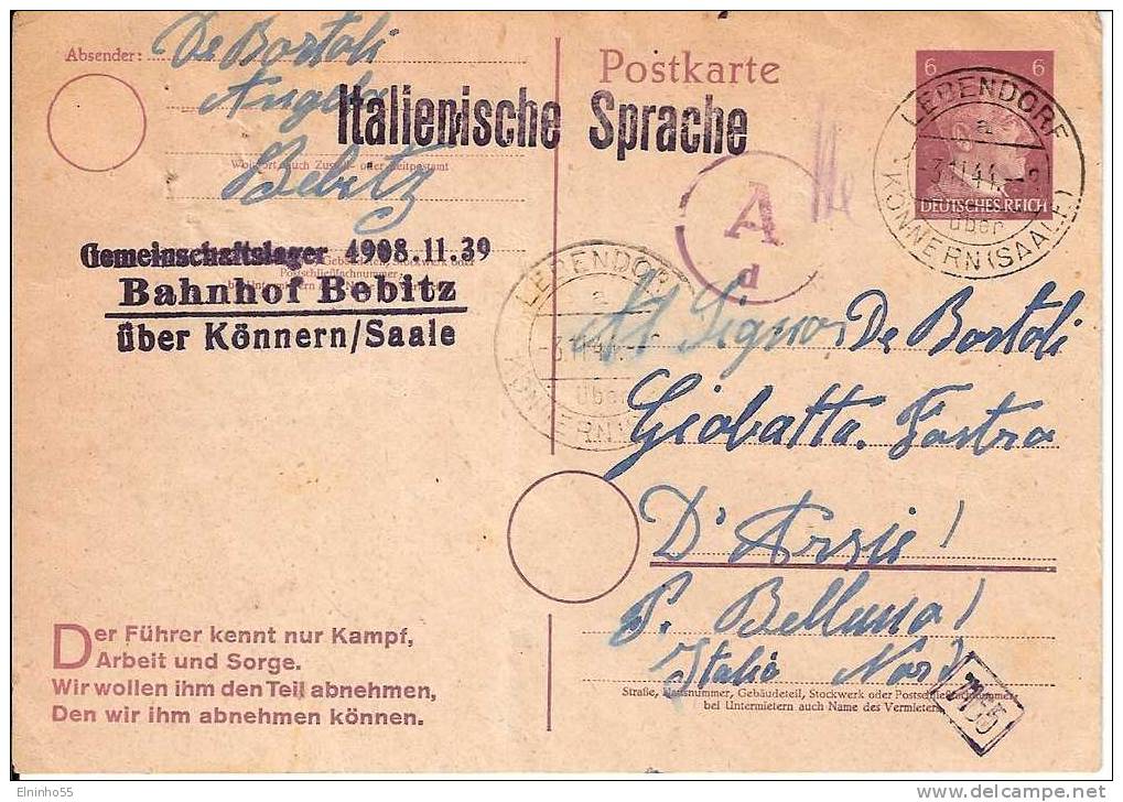 WWII 1944 Campo Lavoro Lebendorf - Cartolina Postale Per Arsiè (Belluno) - Gefängnis & Insassen