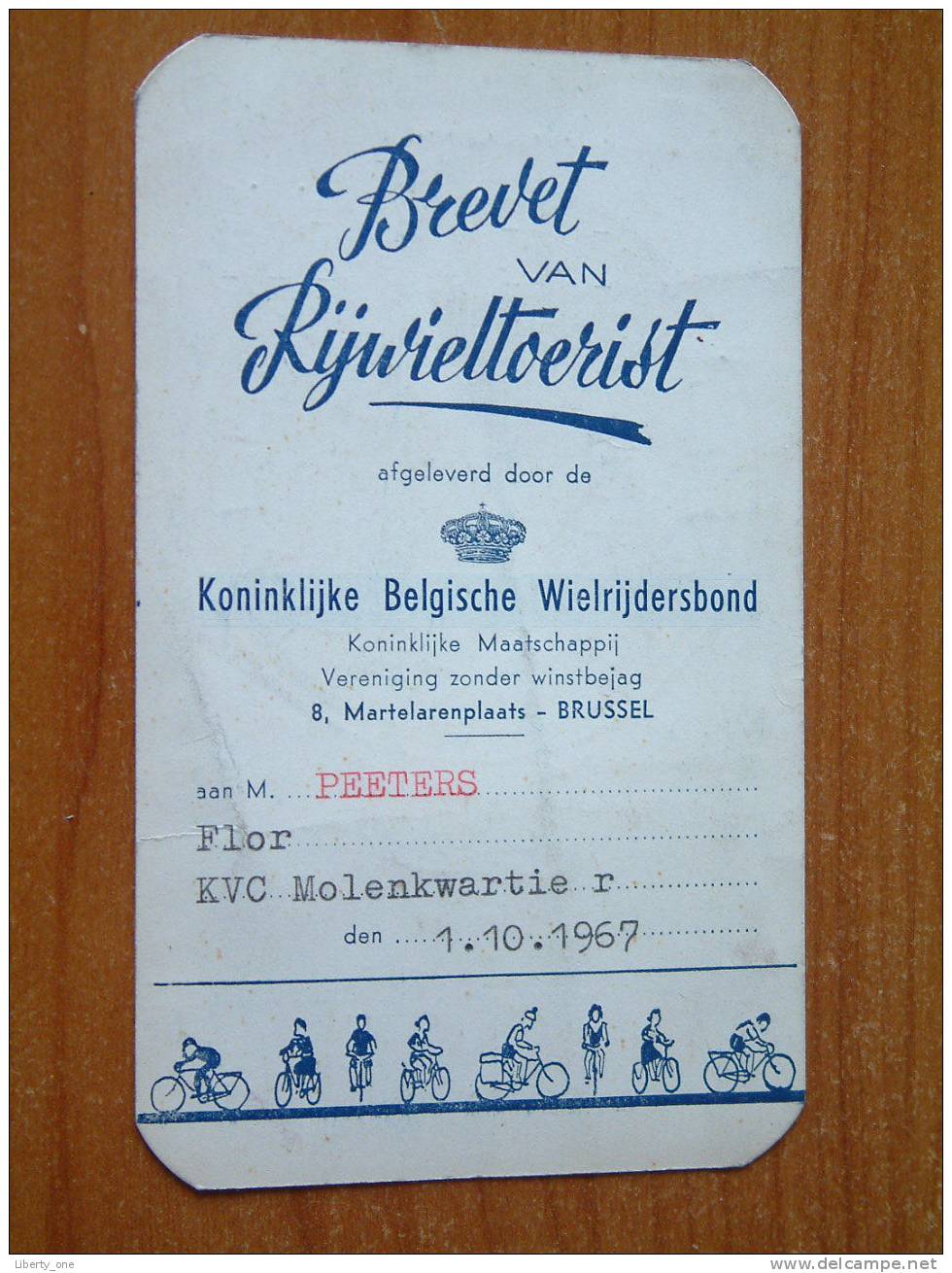 BREVET VAN RIJWIELTOERIST Aan PEETERS Flor - KVC Molenkwartier 1.10.1967 ( Zie Details Op Foto ) !! - Cyclisme