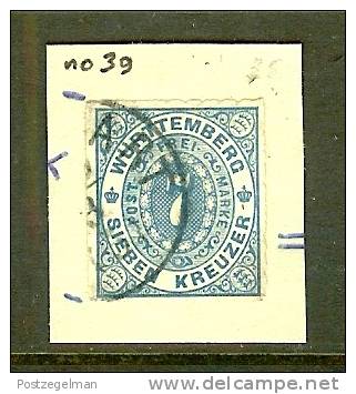 WUERTTEMBURG 1869 Used Hinged Stamp 7 Kreuzer Blue 39 - Afgestempeld