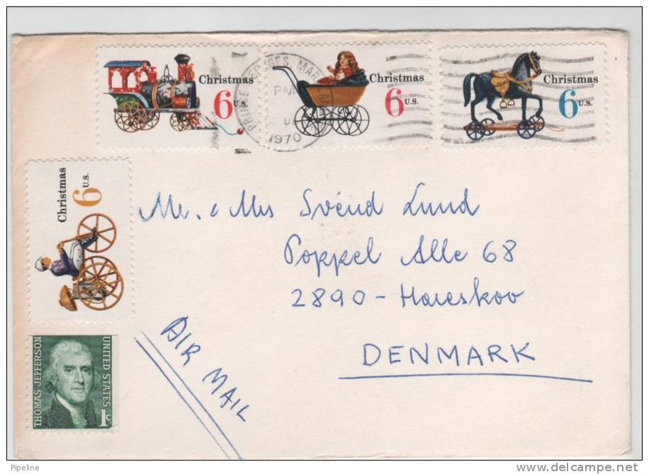 USA Cover Sent Air Mail To Denmark Prince Georges Maryland 14-12-1970 With Christmas Stamps - 3c. 1961-... Lettres