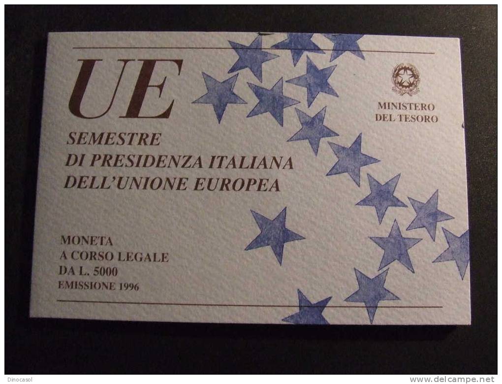 ITALIA 1996 PRESIDENZA UE CONFEZIONE ORIGINALE FDC L 5000  Ag - Gedenkmünzen