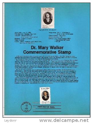 Dr. Mary Walker - Army Surgeon Awarded Medal Of Honor - First Day Souvenier Page - 1981-1990