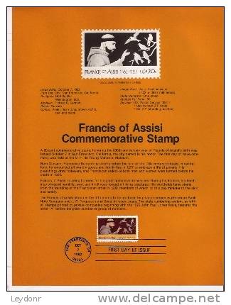 Francis Of Assisi - First Day Souvenier Page - 1981-1990