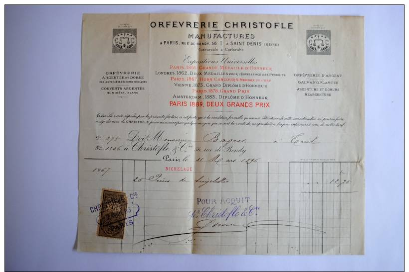 FACTURE COMMERCIALE ORFEVRERIE CHRISTOFLE PARIS 1896 - 1800 – 1899