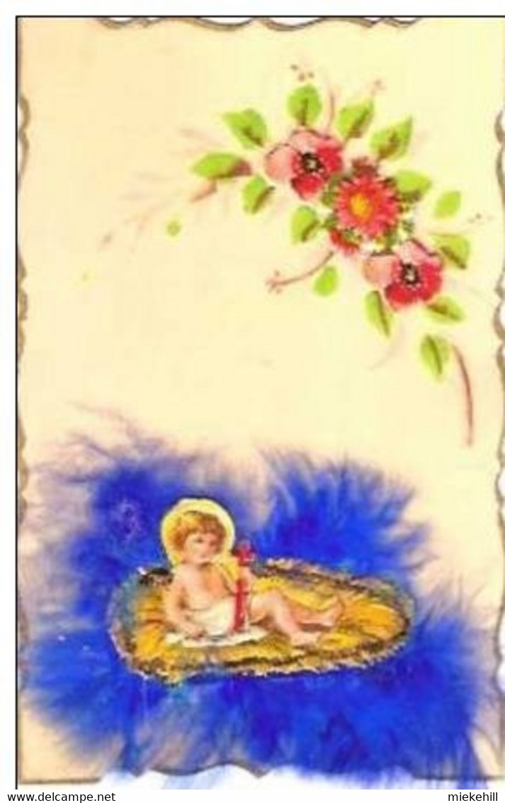 NOEL-CARTE CELLULOID-enfant Jesus-plumes-fleurs - Altri & Non Classificati