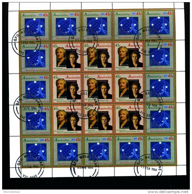 AUSTRALIA - 1993 50th ANNIVERSARY OF WOMEN IN PARLIAMENT PANE OF 25  FINE USED - Sheets, Plate Blocks &  Multiples