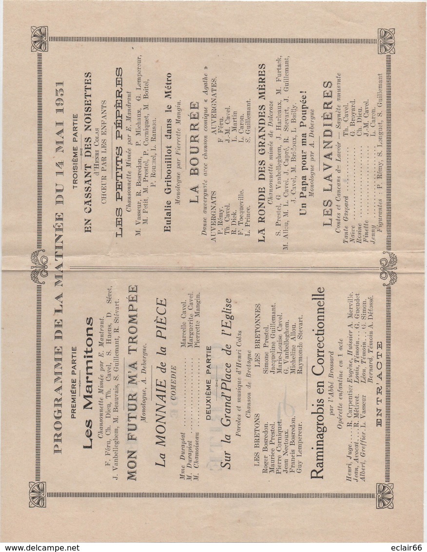 Programme De La Matinée Du 14 Mai 1931 (2 Scannes)   VOIR SCANNES INTERIEUR  Couverture  Munie D'un Ruban Rose - Programas