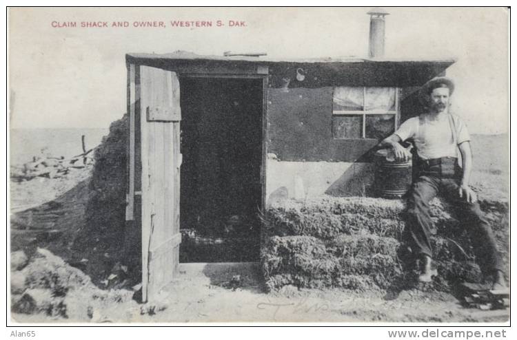 South Dakota Sod House, Claim Shack And Owner On C1910s Vintage Postcard, Prairie Life - Altri & Non Classificati