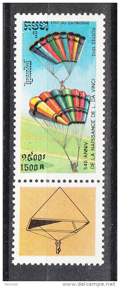 Cambogia   -  1992.  Paracadute. Con Appendice Di Leonardo Da Vinci. Parachute, With Leonardo Design. - Autres (Air)